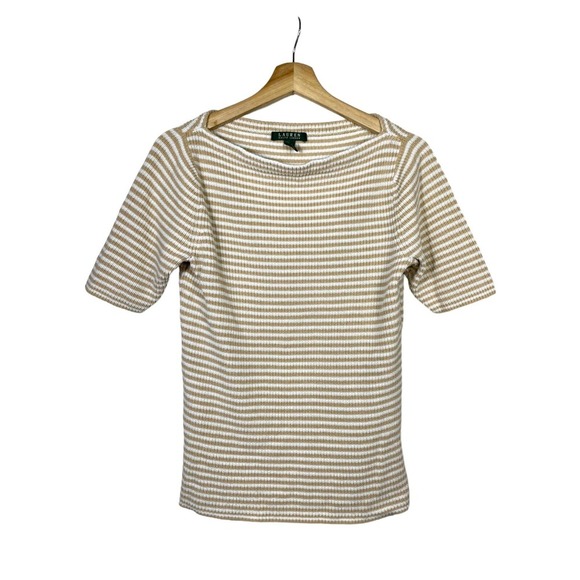 Lauren Ralph Lauren Tops - Lauren Ralph Lauren Short‎ Sleeve Rib Knit Top L Yellow White Stripe Preppy